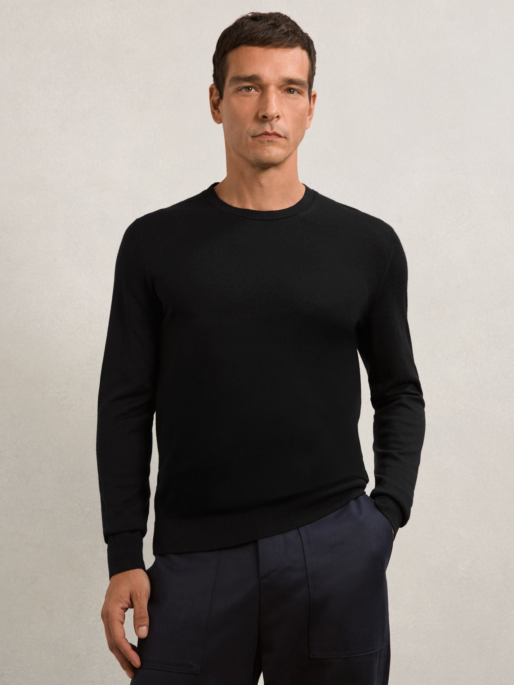 Merino Wool Crew Neck Jumper in Black