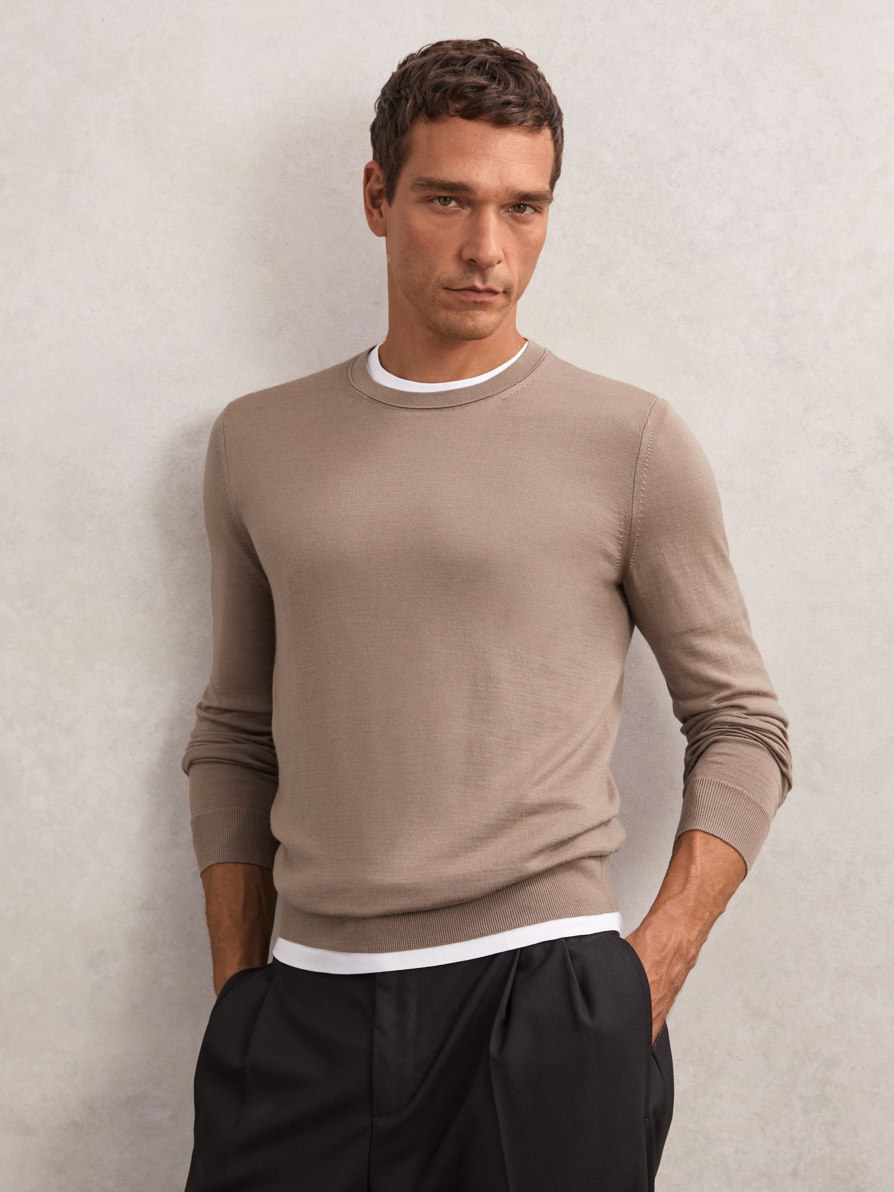 Merino Wool Crew Neck Jumper in Caramel